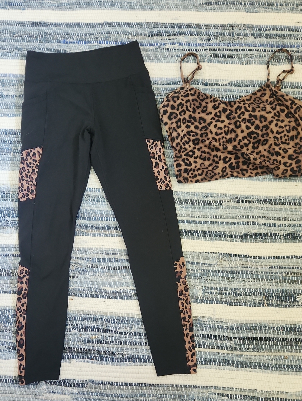 Black Leopard-Accent Leggings with Matching Bralette